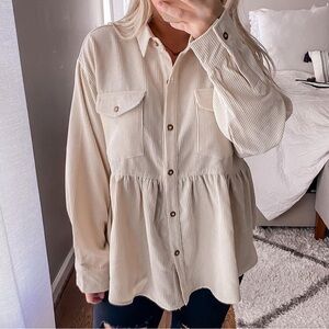 Cream Corduroy Shacket or Button Up Peplum Top - Women’s Large